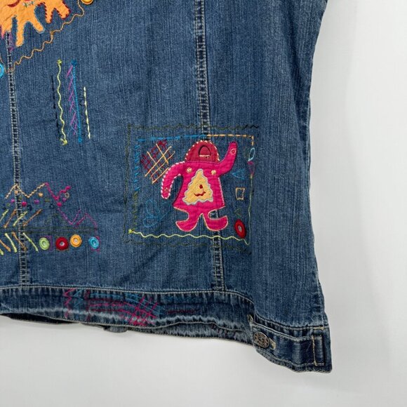 Chicos Womens Denim Vest Art to wear Button Front Boho 2 Large Blue Embroidered - Picture 13 of 15